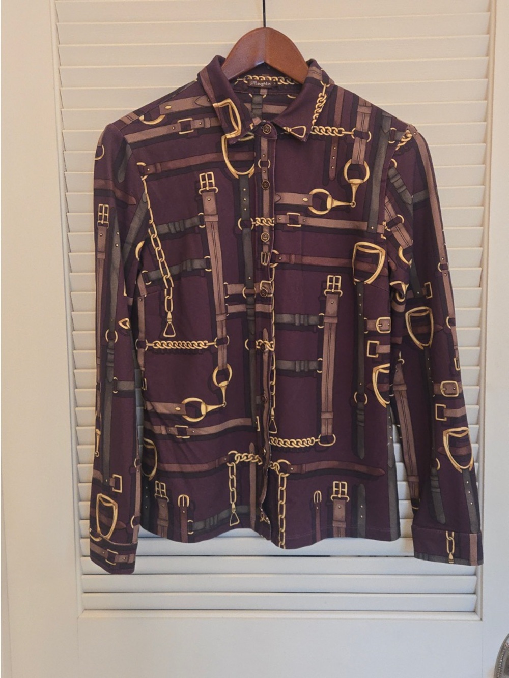 J. McLaughlin Purple Button-Down Shirt with Gold Chain & Belt Motif Medium